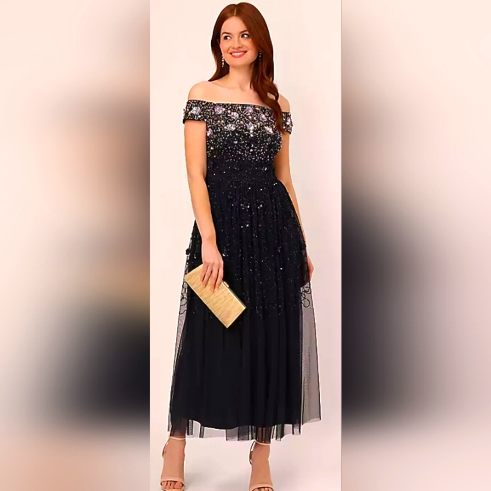Adrianna Papell Women's Off Shoulder Beaded Dress, Navy/Rosegold 4 $289